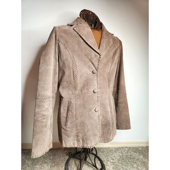 Taupe Suede Button Jacket Sz. Large Western Stitch Detail Country Chic Blazer - Picture 1 of 11